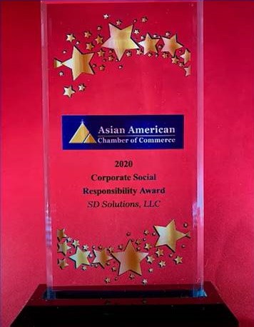 Asian American Chamber of Commerce Corporate Social Responsibility 2020, glass trophy on a stand