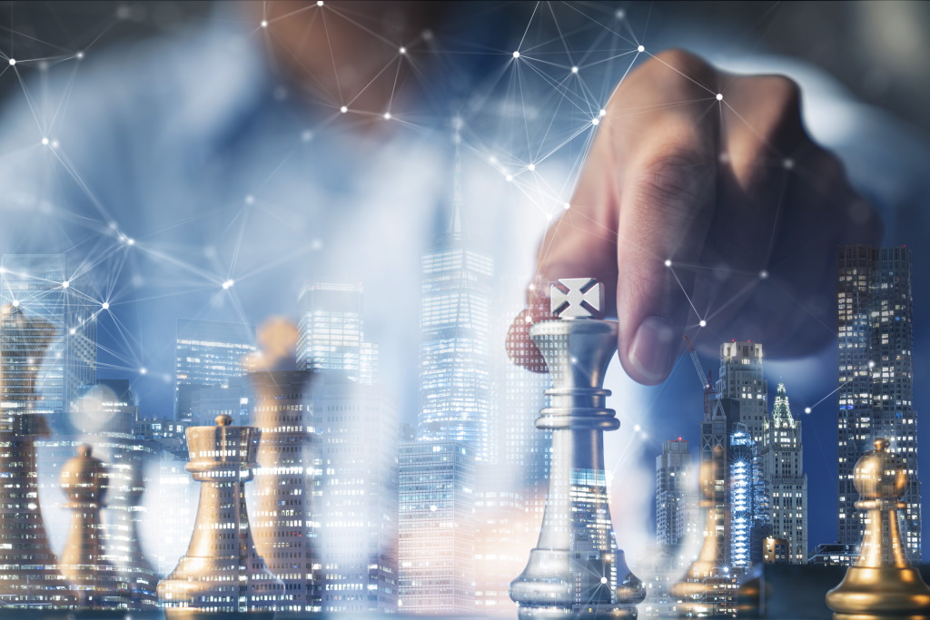 a blurred man playing chess on a cityscape background with an overlay of network nodes