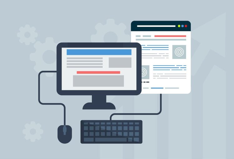 flat illustration of kyeboard, monitor, mouse, and web page, indicateing web design and development